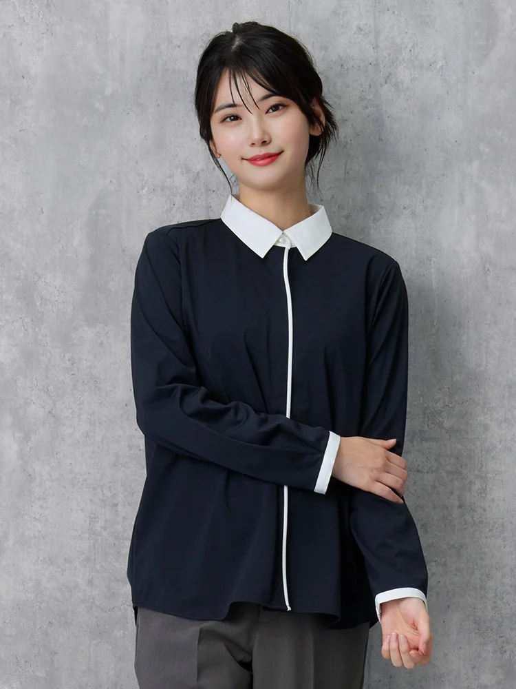 【即納】【ストレッチ】長袖配色レギュラーブラウス【WEB限定】形態安定UVカット通年【レディース】