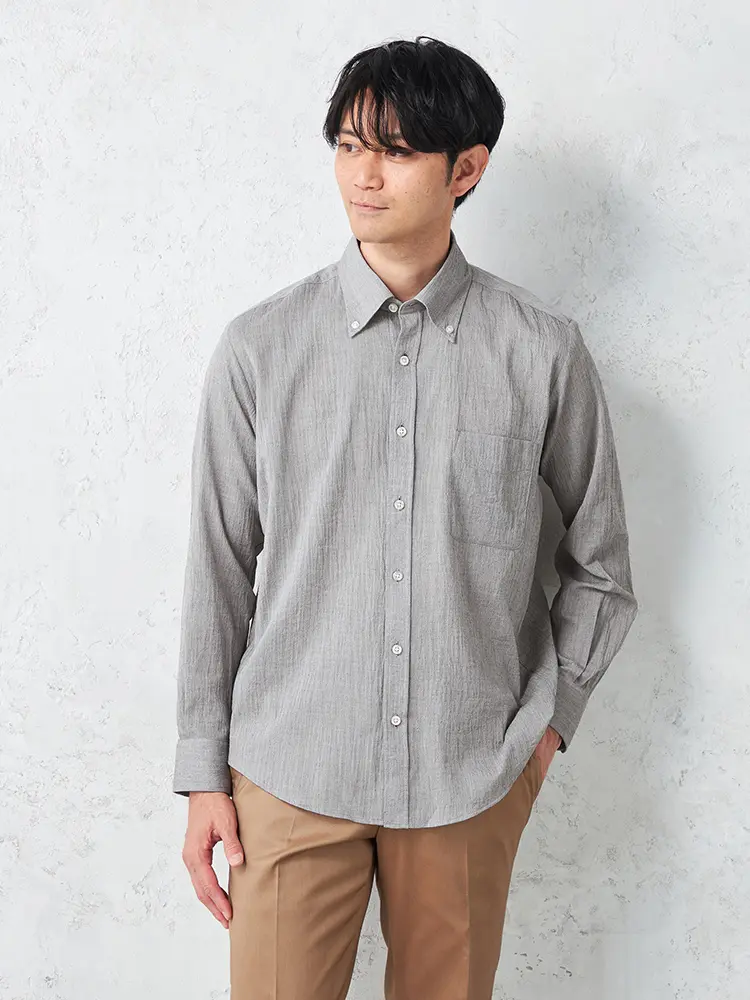 【リッケンバッカー】クレープボタンダウンカジュアルインナーシャツ長袖織柄無地春夏