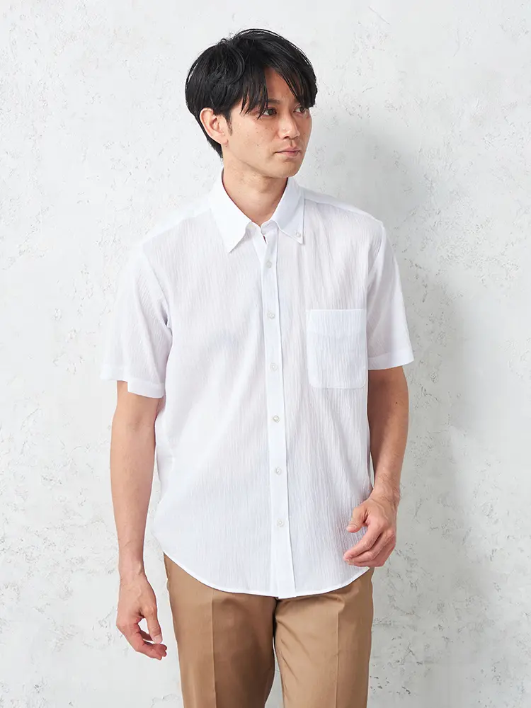 【リッケンバッカー】クレープボタンダウンカジュアルインナーシャツ半袖織柄無地春夏