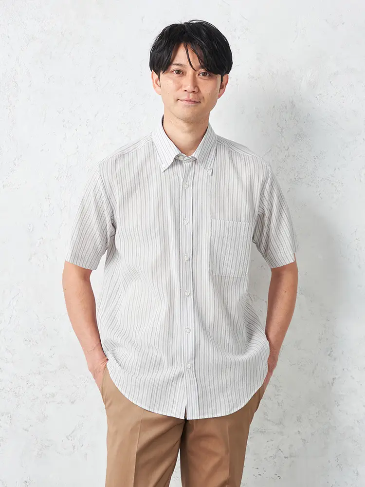 【リッケンバッカー】クレープボタンダウンカジュアルインナーシャツ半袖ストライプ春夏