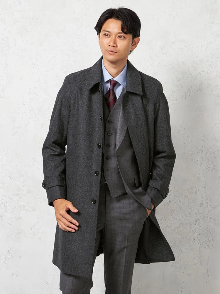 【ウール混】ステンカラーコート尾州産ウール使用ラグランスリーブヘリンボンリッケンバッカー秋冬
