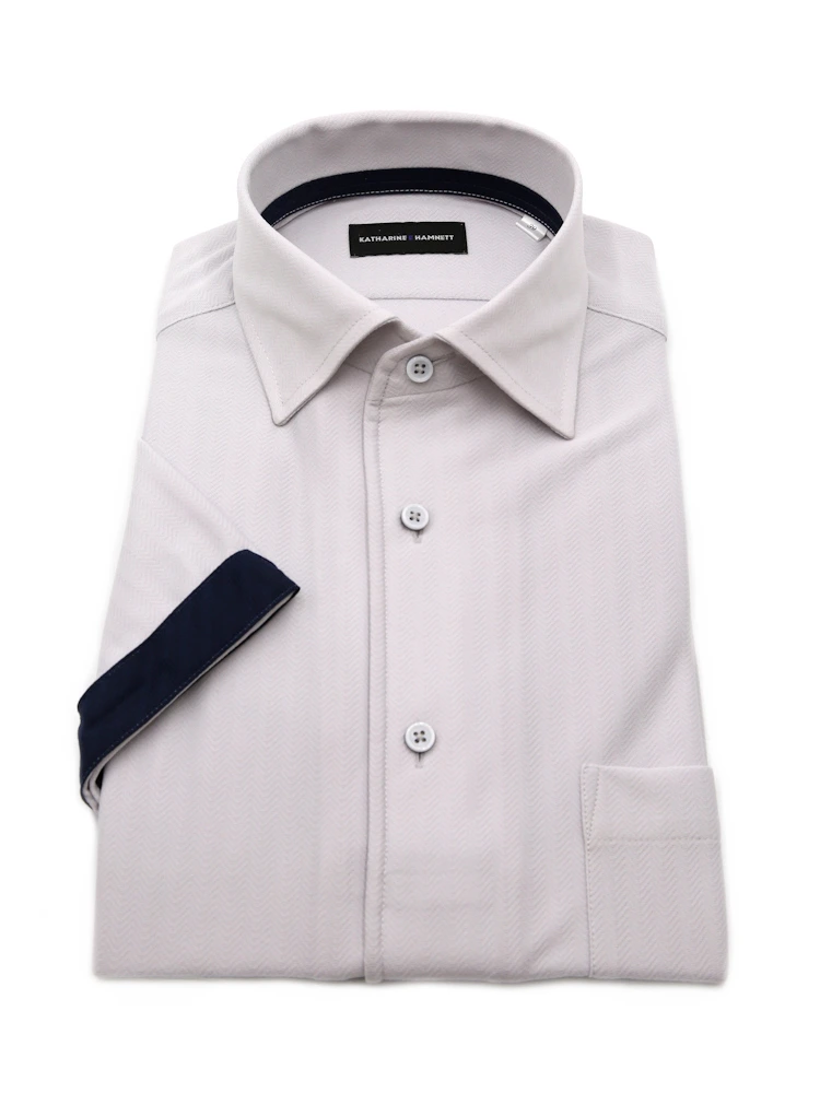 【KATHARINEEHAMNETT-キャサリン・イー・ハムネット-】半袖ワイシャツワンピースカラーセミワイド360°ストレッチ吸水速乾へリンボン通年