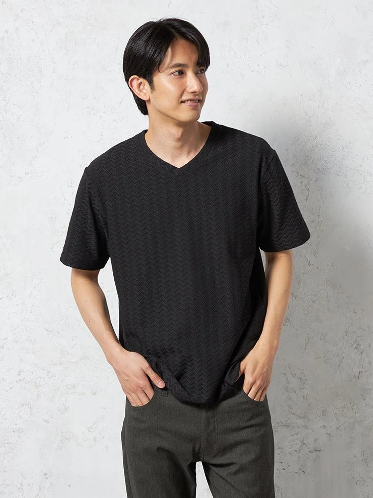 【RUCKENBACCHAR】半袖ＶネックシャツTシャツヘリンボーン柄カジュアルインナー春夏
