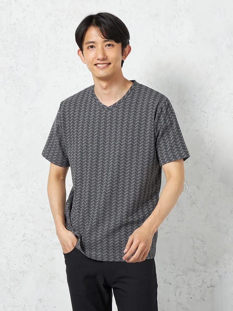【RUCKENBACCHAR】半袖ＶネックシャツTシャツヘリンボーン柄カジュアルインナー春夏