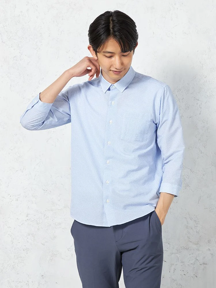 【RUCKENBACCHAR】7分袖レギュラーカラープリントシャツミニ小紋柄カジュアルインナー春夏