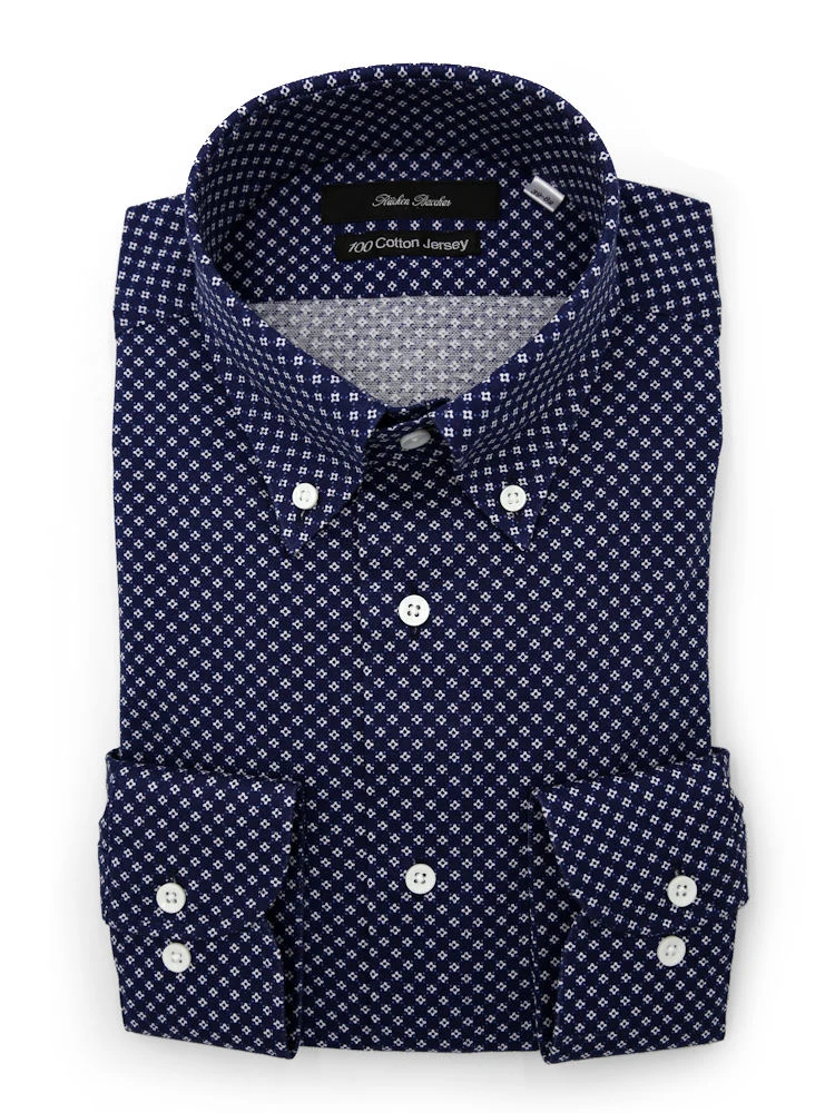 【100CottonJersey】長袖ワイシャツボタンダウンプリント柄小紋ネイビー綿100％リッケンバッカー通年