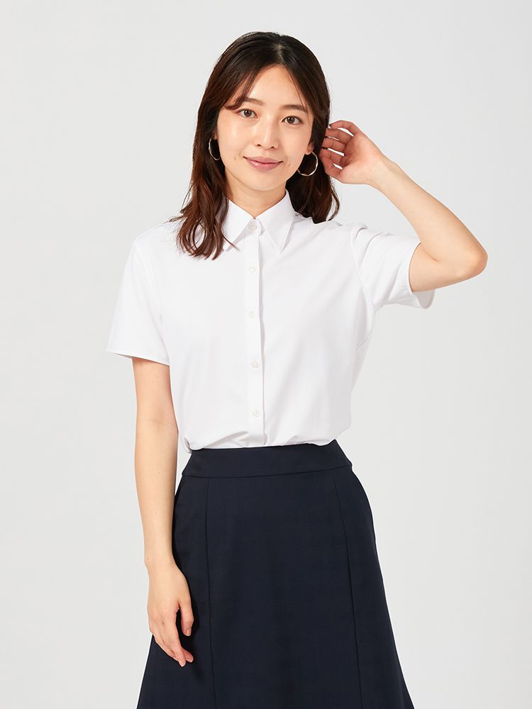 【完全ノーアイロン】ブラウス半袖シャツレギュラーストレッチ吸汗速乾白無地i-shirt春夏【レディース】