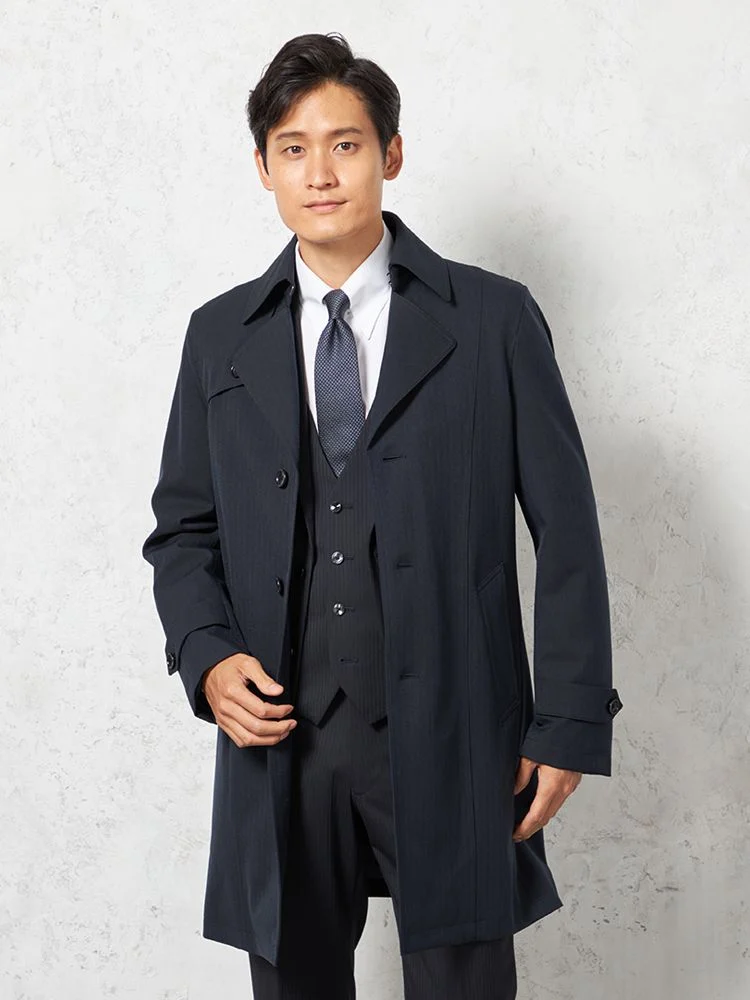 【撥水&防風】シングルセミトレンチAラインコートライナー付ヘリンボンnero秋冬【スリムデザイン】