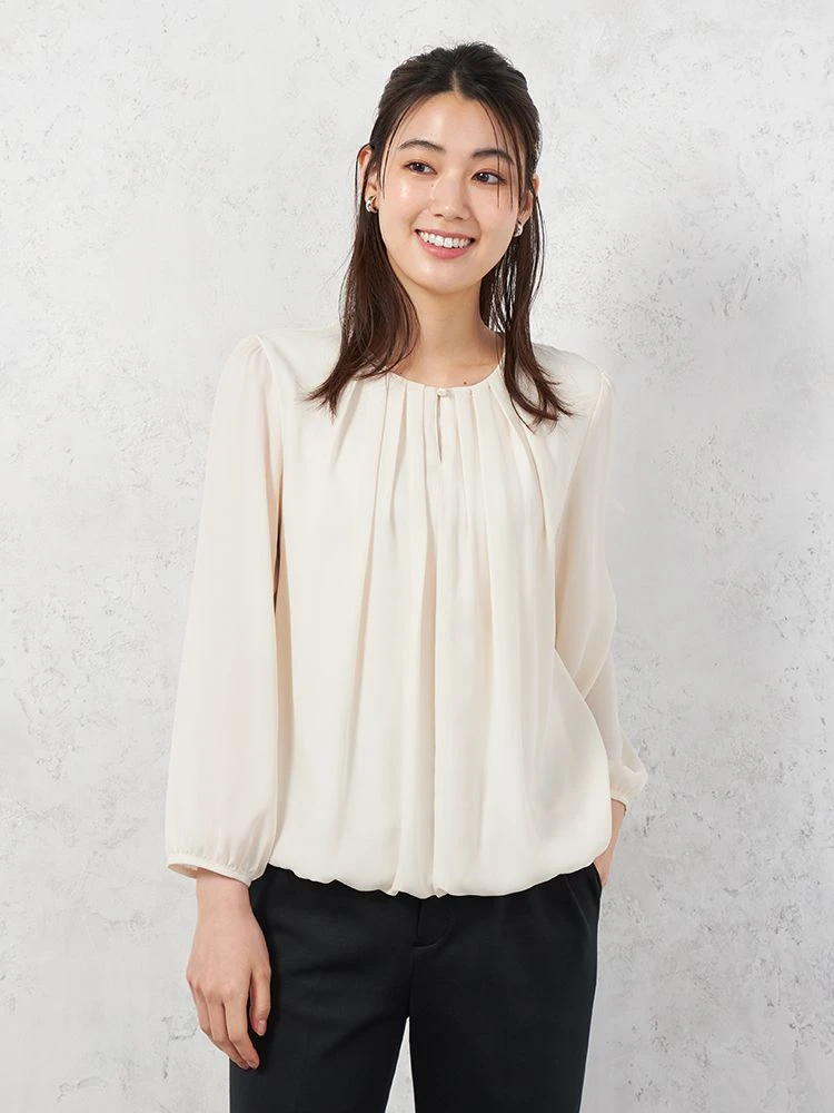 【イージーケア】ジョーゼット2枚重ね裾バルーンパールボタンブラウス9分袖透け軽減ウォッシャブルSOFFICE通年【レディース】