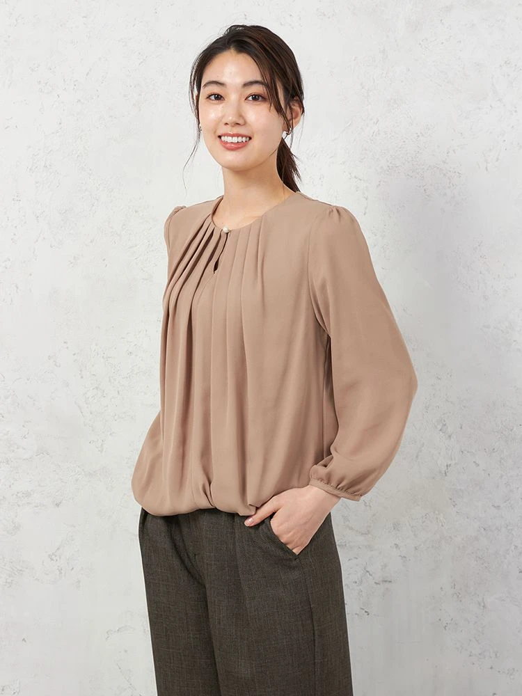 【イージーケア】ジョーゼット2枚重ね裾バルーンパールボタンブラウス9分袖透け軽減ウォッシャブルSOFFICE通年【レディース】