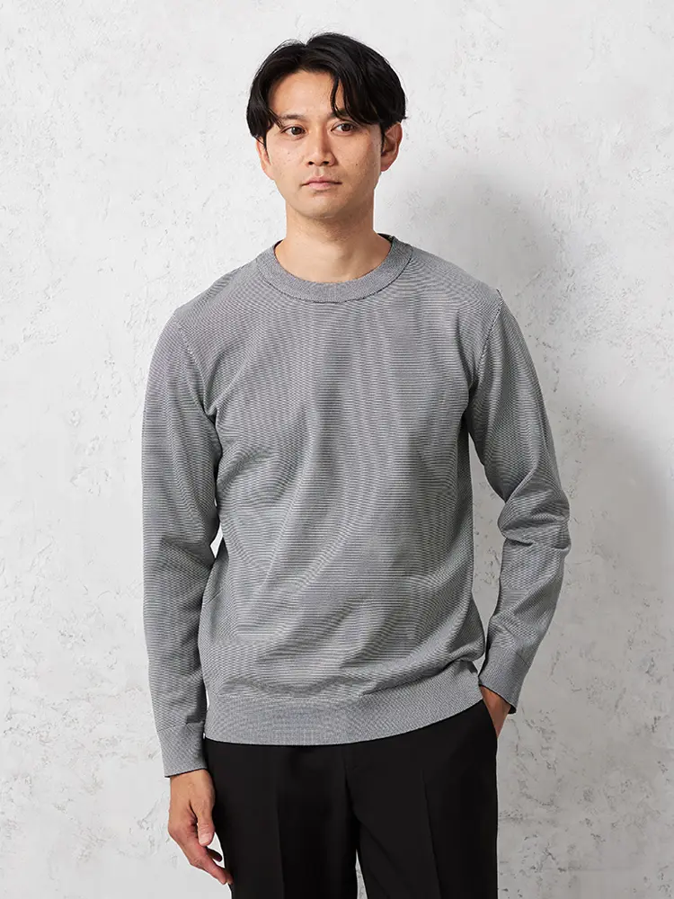 【TOKYORUN】14G天竺ミジンボーダークルーネックニットカジュアルインナー長袖ウォッシャブル抗ピリング吸汗速乾秋冬